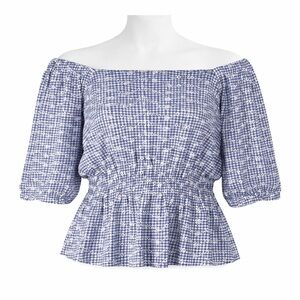 Size 1X Belldini Women’s Blue White Gingham Off Shoulder Peplum Top